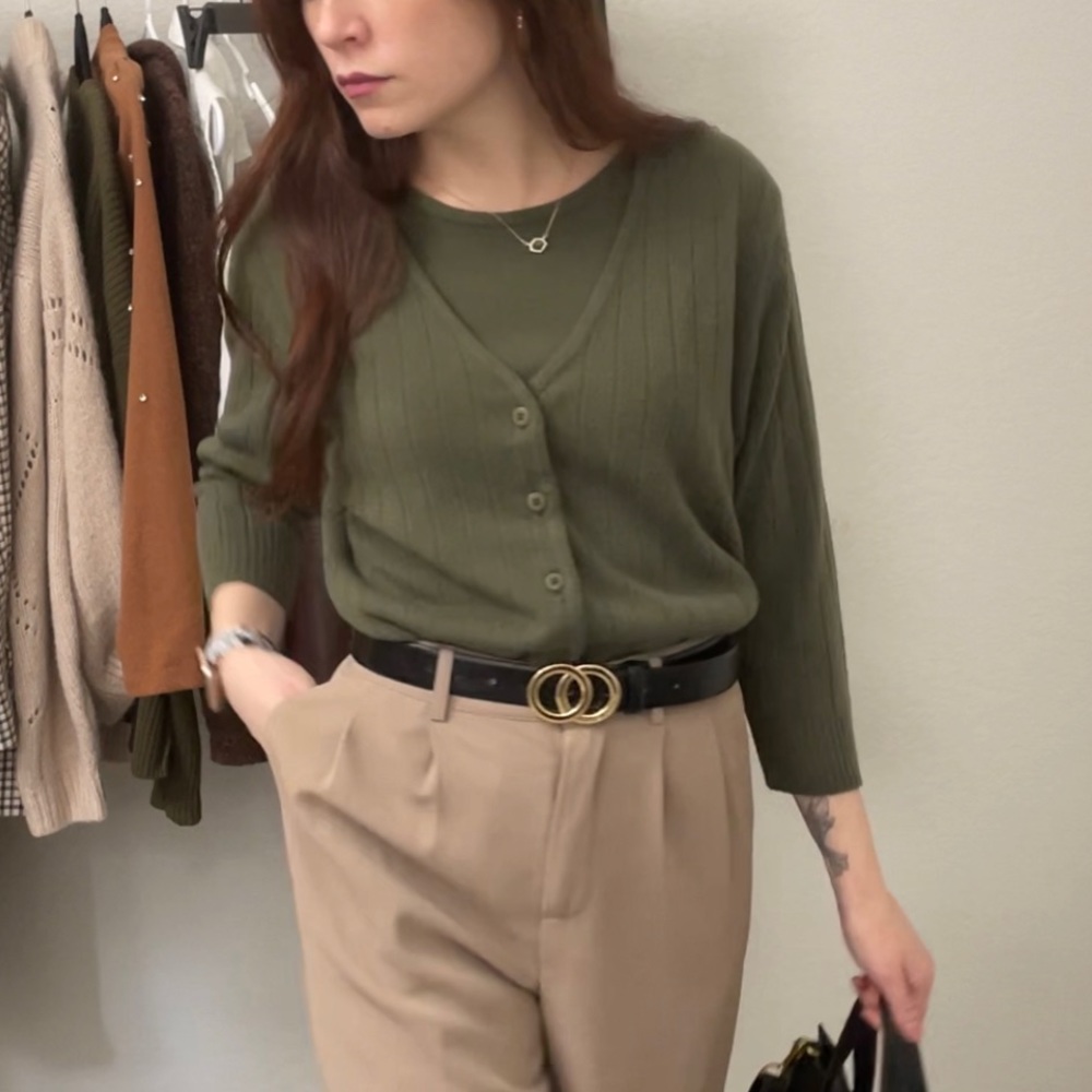 Sweater faux two in one, vintage petite army green